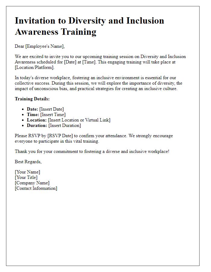 Letter template of corporate training invitation for diversity and inclusion awareness.