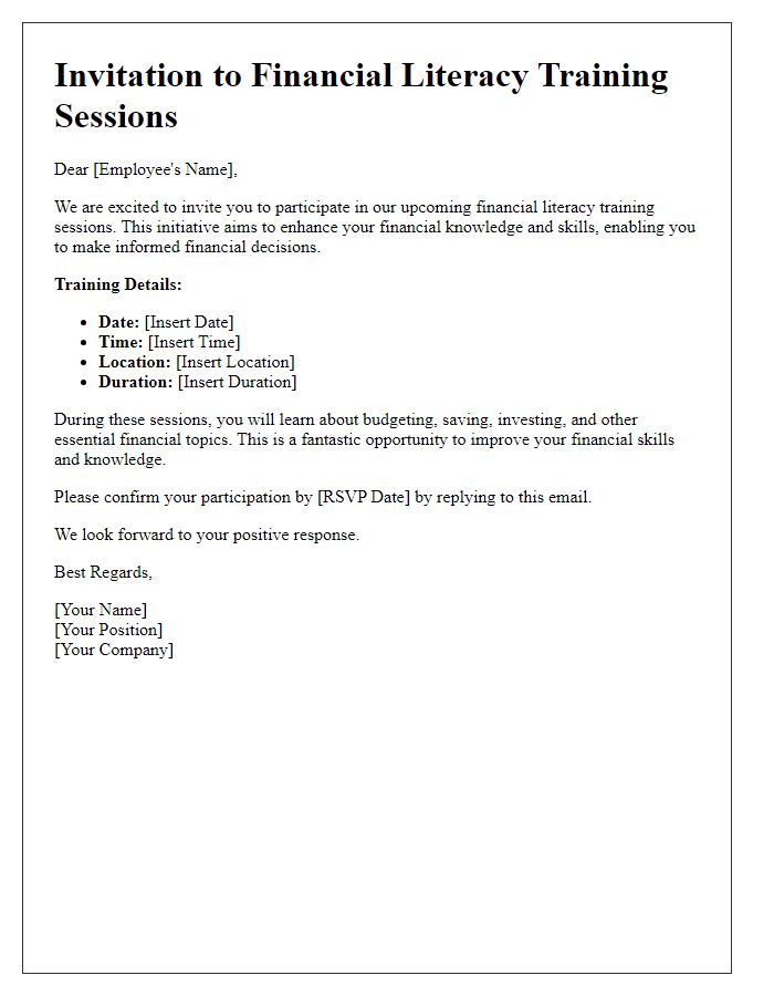 Letter template of corporate training invitation for financial literacy sessions.