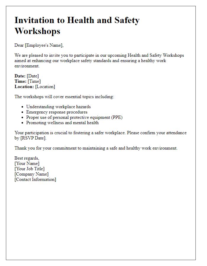 Letter template of corporate training invitation for health and safety workshops.