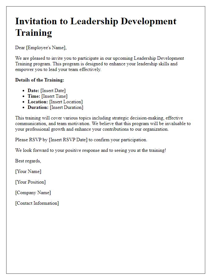 Letter template of corporate training invitation for leadership development.