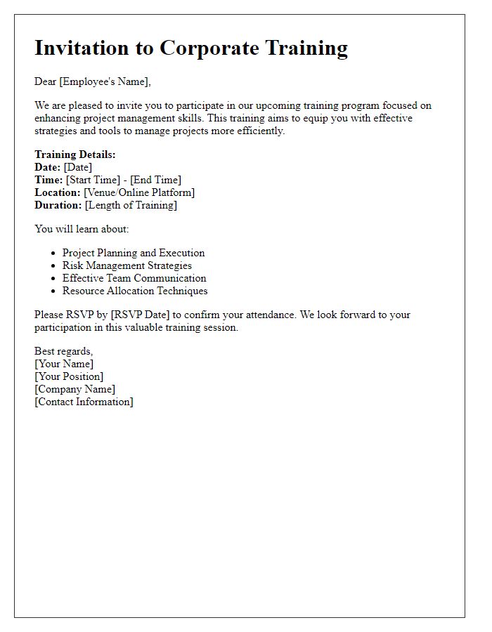 Letter template of corporate training invitation for project management skills.