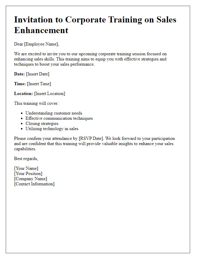 Letter template of corporate training invitation for sales enhancement.