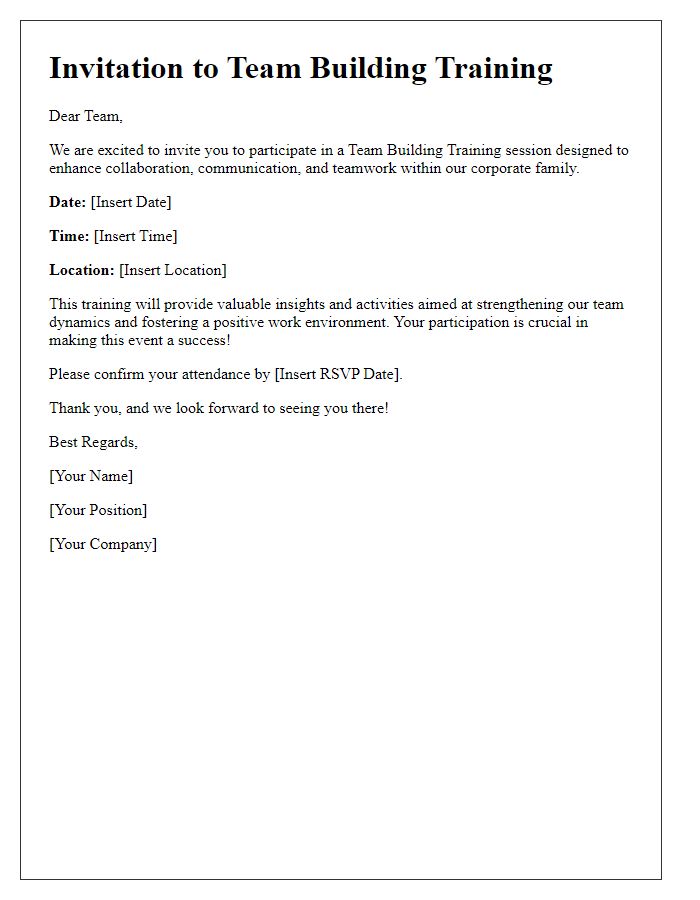 Letter template of corporate training invitation for team building.