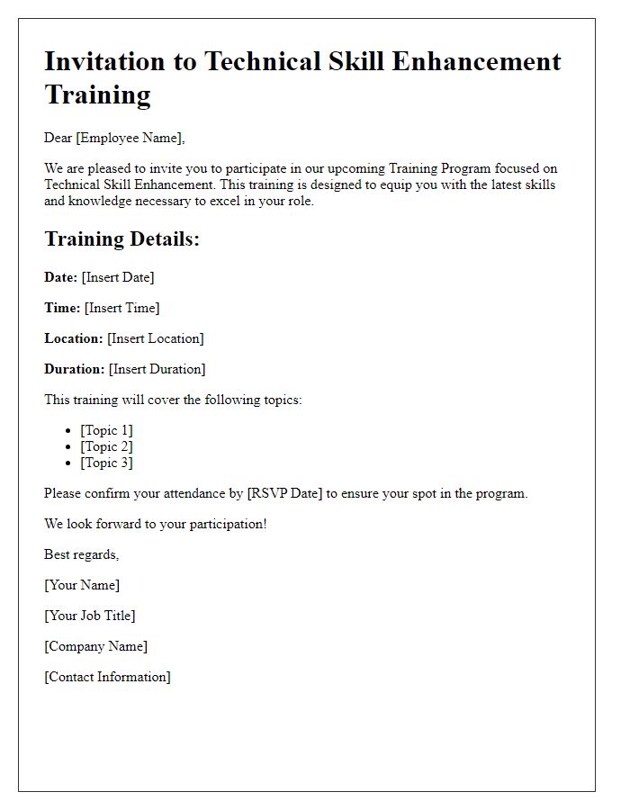 Letter template of corporate training invitation for technical skill enhancement.