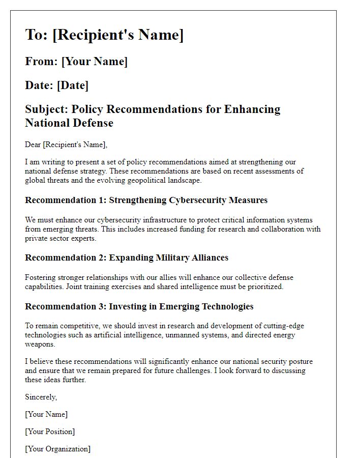 Letter template of defense policy recommendations