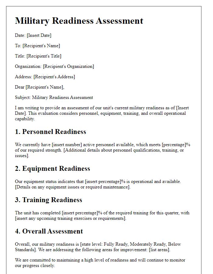 Letter template of military readiness assessment