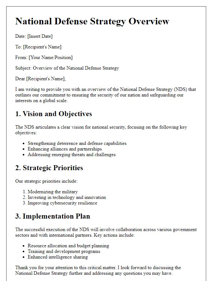 Letter template of national defense strategy overview