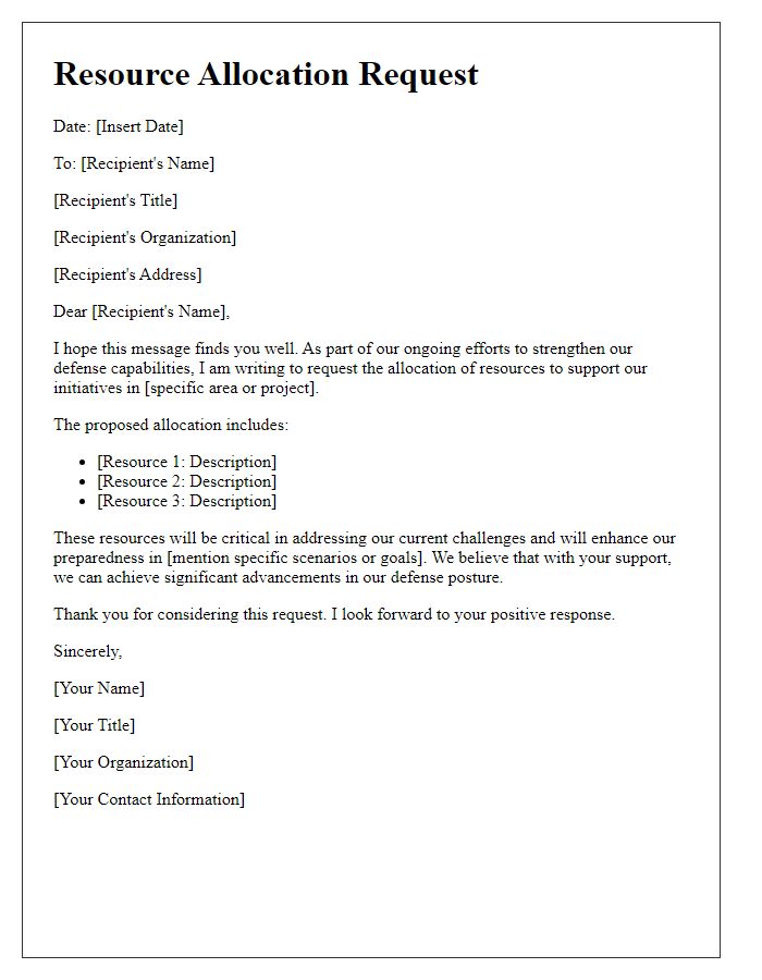 Letter template of resource allocation for defense