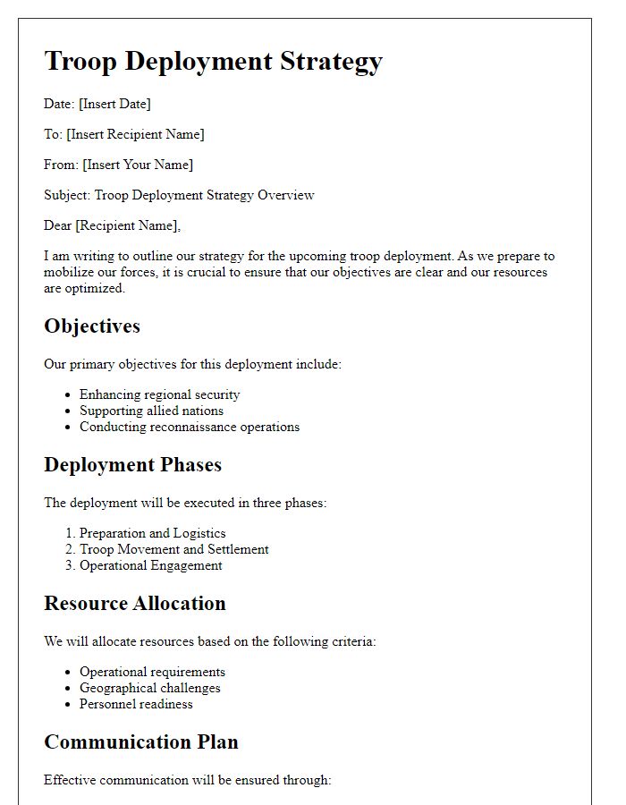 Letter template of troop deployment strategy