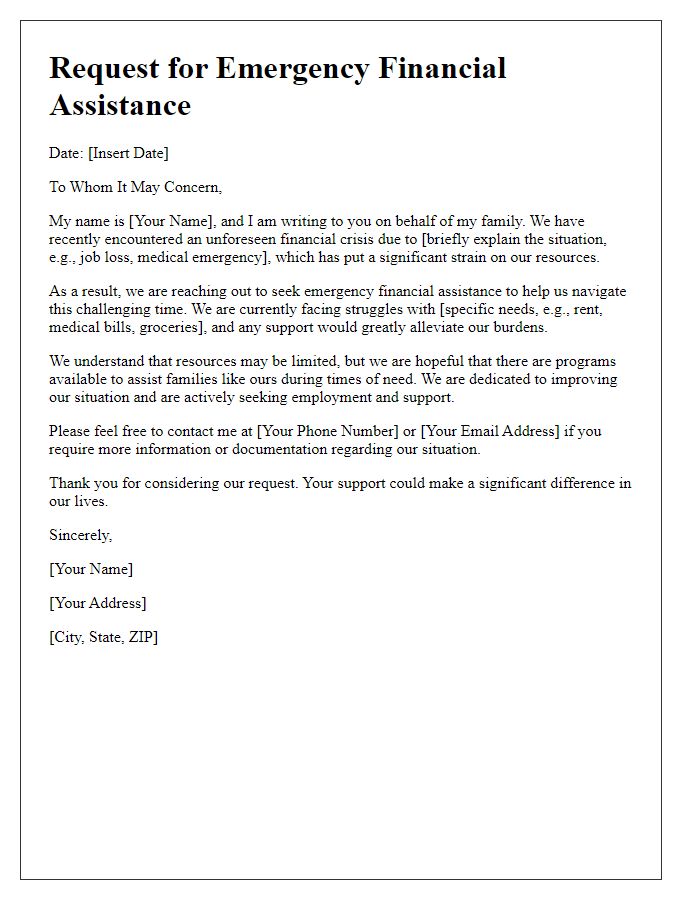 Letter template of emergency financial help solicitation for families in need