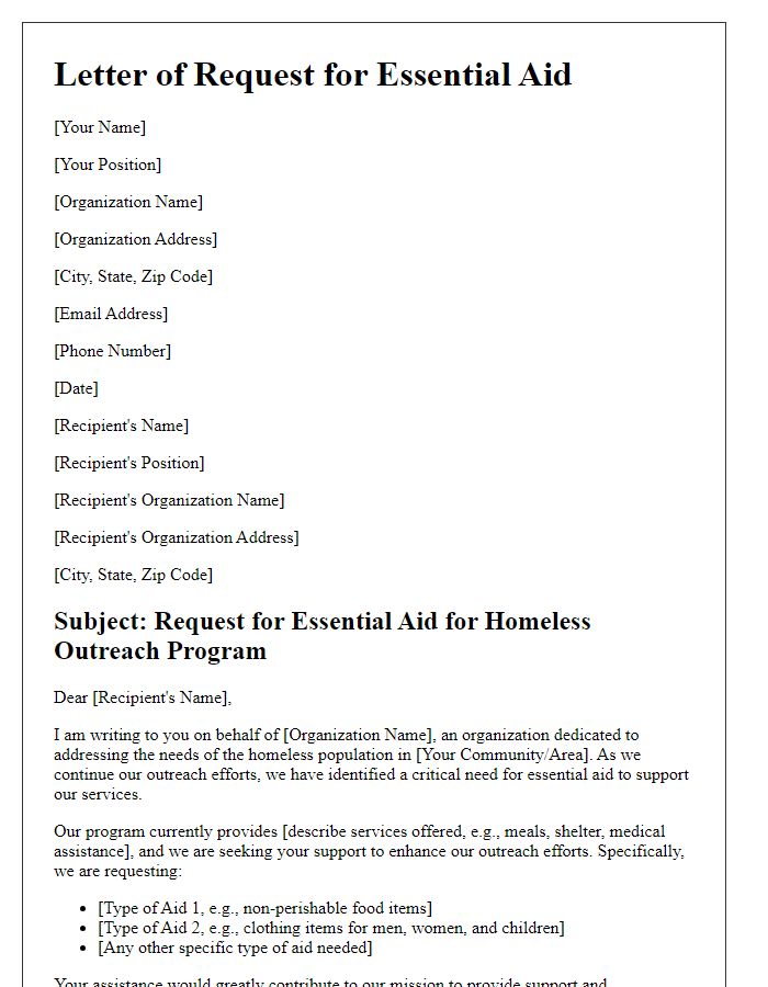 Letter template of essential aid request for homeless outreach program