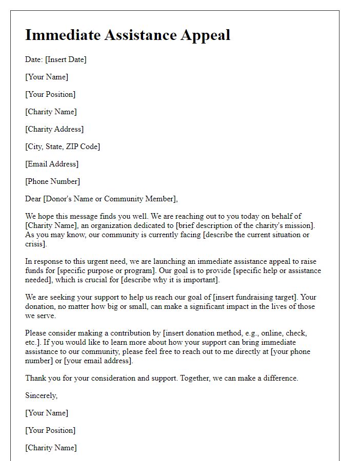 Letter template of immediate assistance appeal for local charity