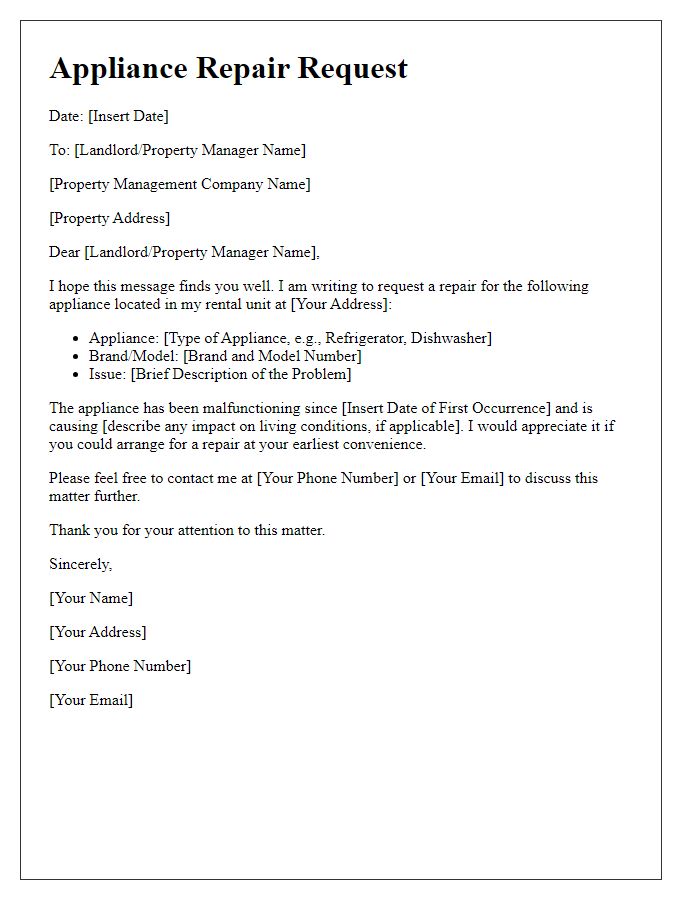 Letter template of appliance repair request for rental unit