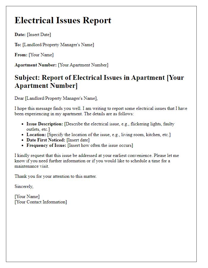 Letter template of electrical issues report for apartment