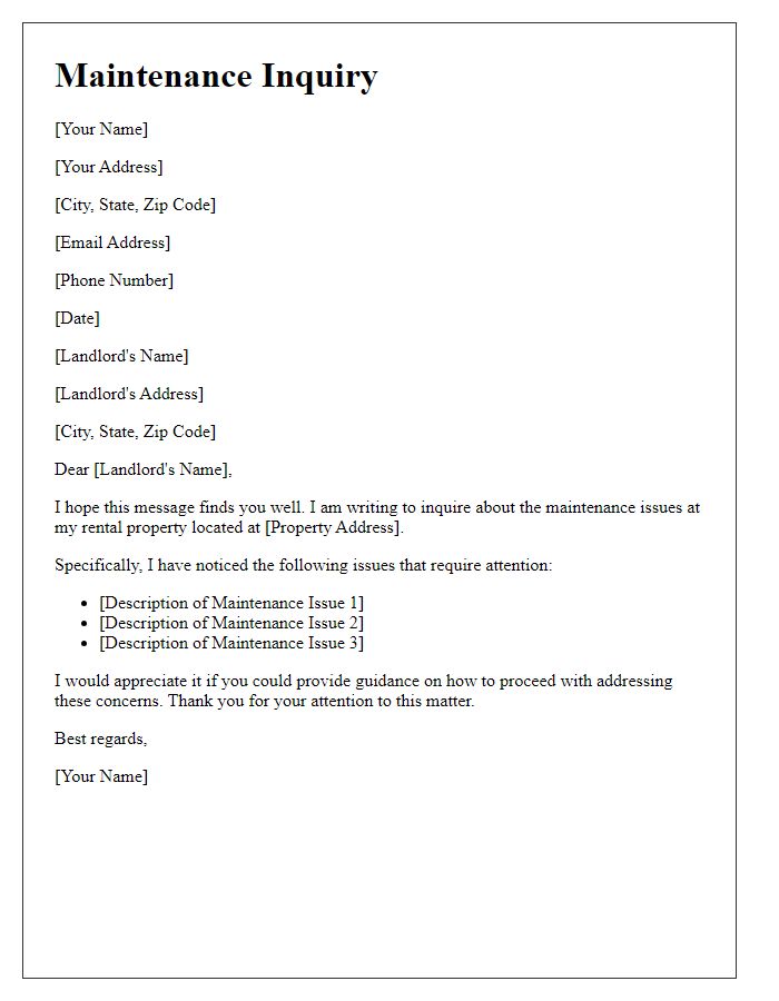 Letter template of general maintenance inquiry for rental property