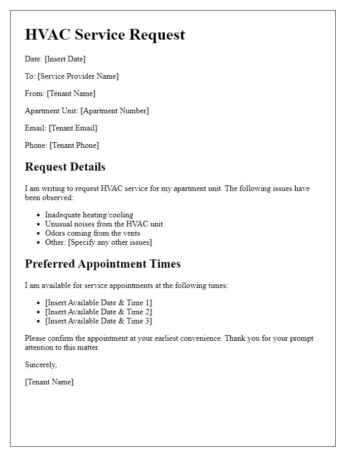 Letter template of HVAC service request for apartment unit