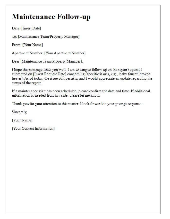 Letter template of maintenance follow-up for apartment repairs