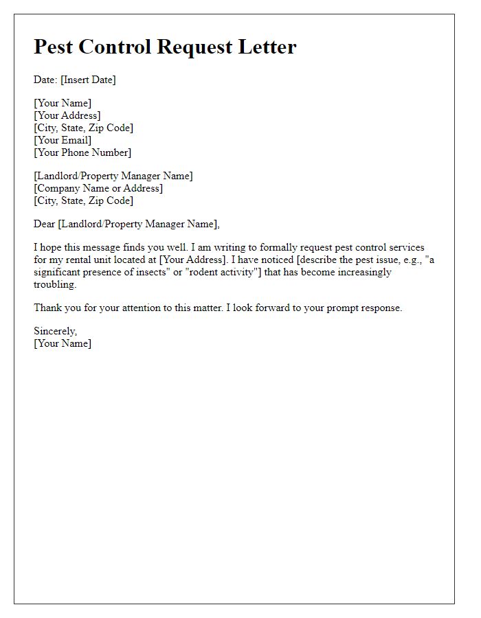 Letter template of pest control request for rental property