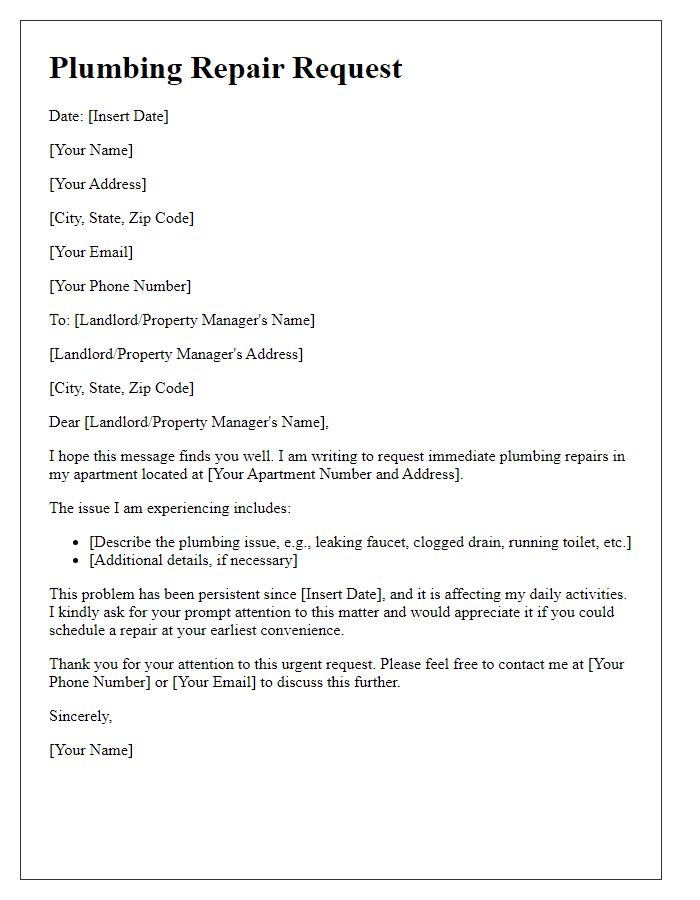 Letter template of plumbing repair request for apartment