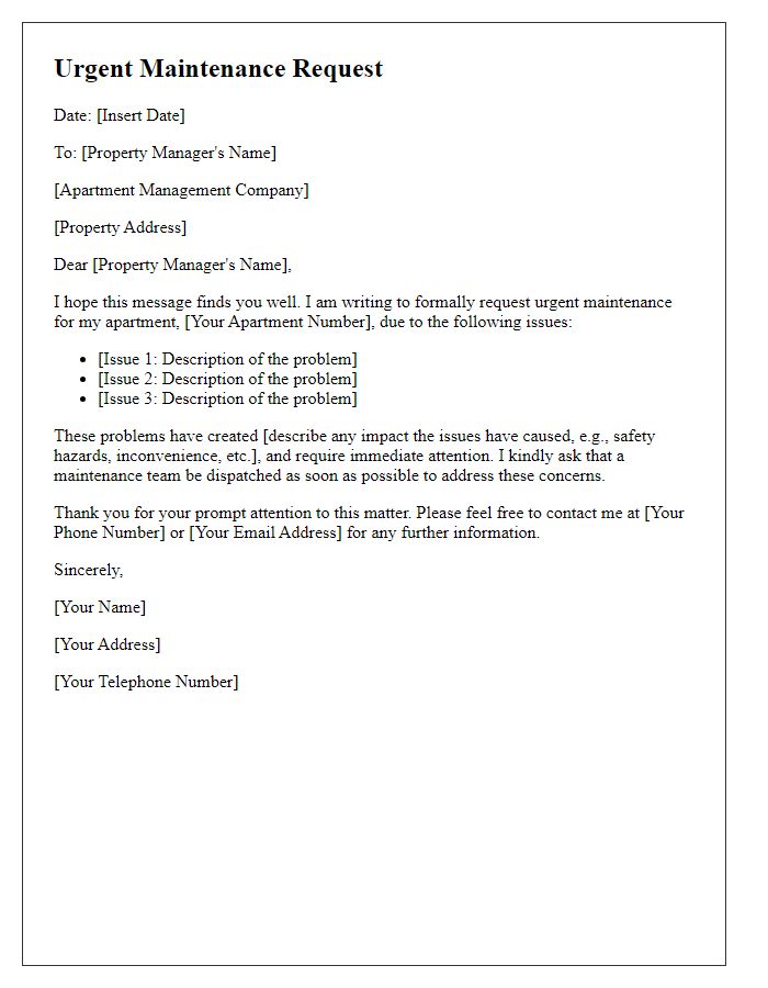 Letter template of urgent maintenance request for apartment issues