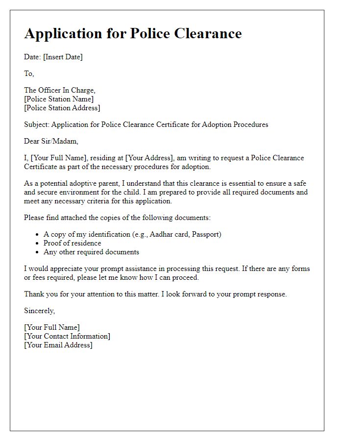 Letter template of application for police clearance for adoption procedures.