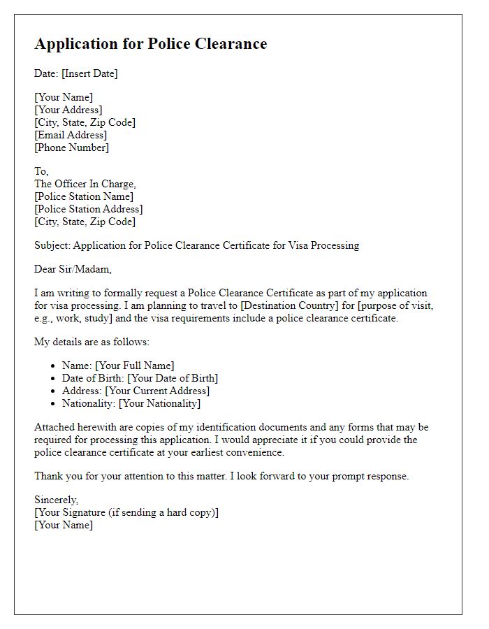 Letter template of application for police clearance for visa processing.