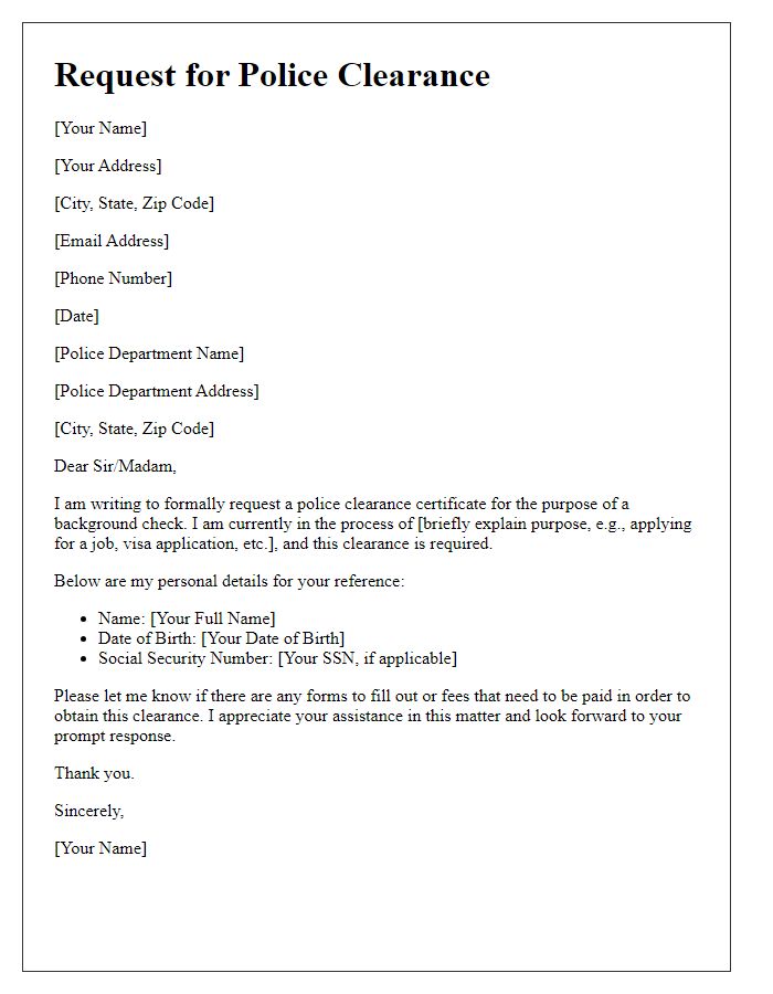 Letter template of request for police clearance for background checks.