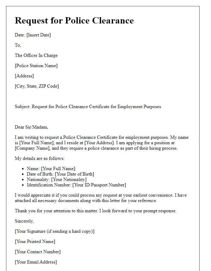 Letter template of request for police clearance for employment purposes.