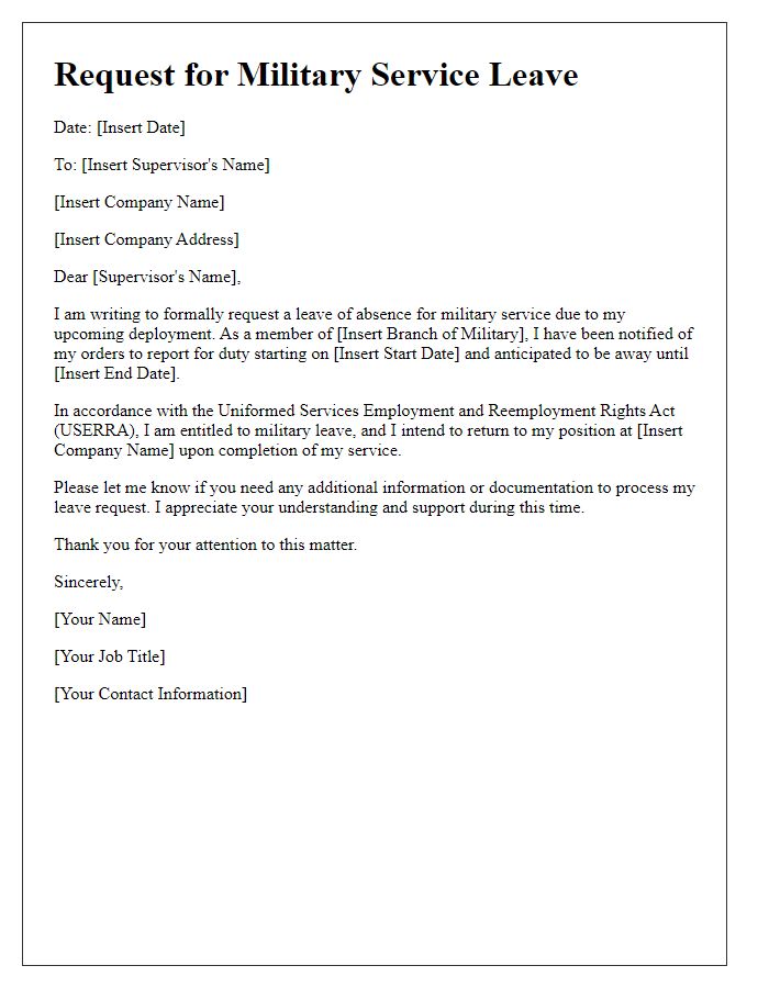 Letter template of military service leave request for deployment.