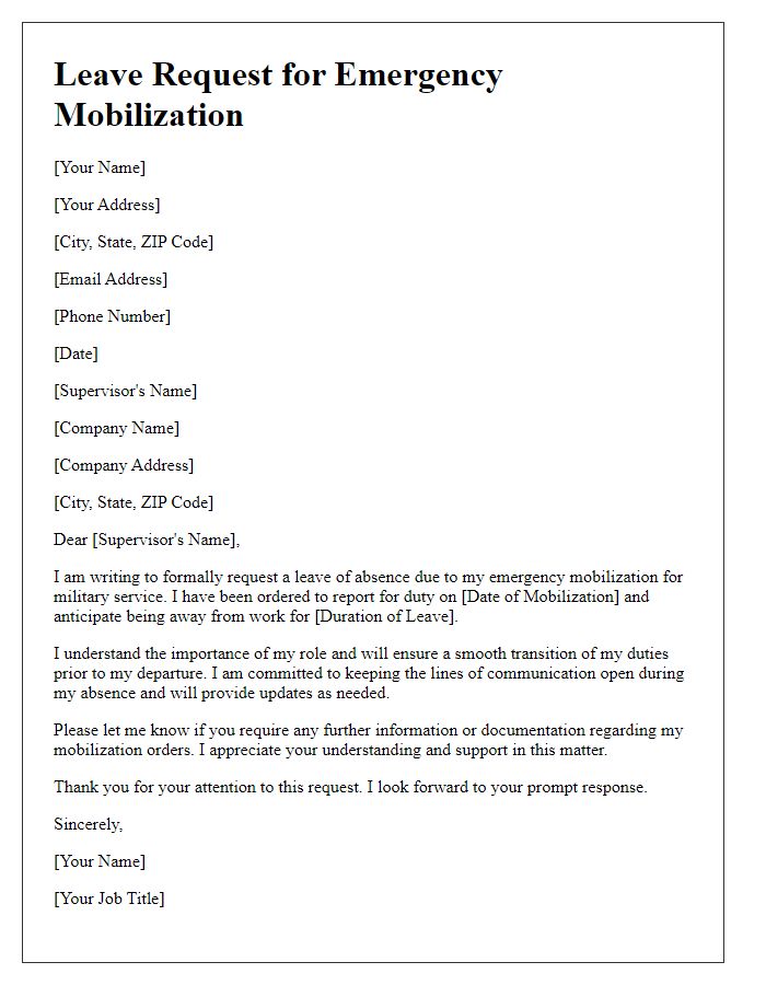 Letter template of military service leave request for emergency mobilization.