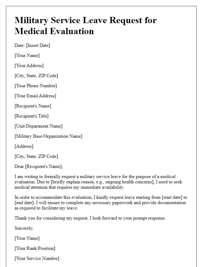 Letter template of military service leave request for medical evaluation.