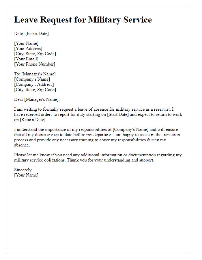 Letter template of military service leave request for reservists.