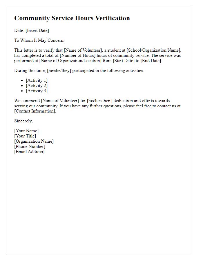 Letter template of community service hours verification