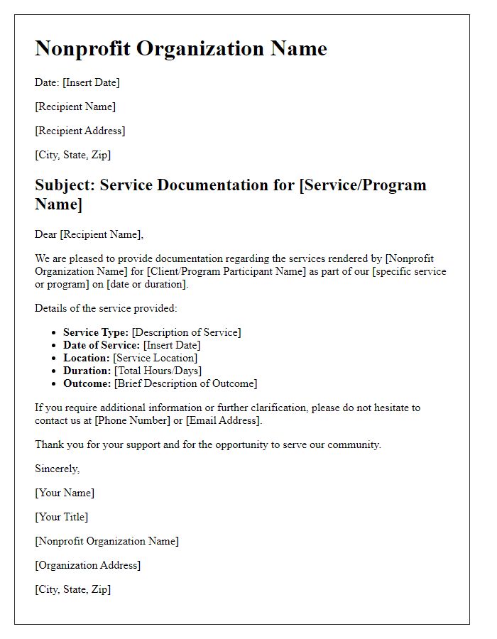 Letter template of nonprofit service documentation