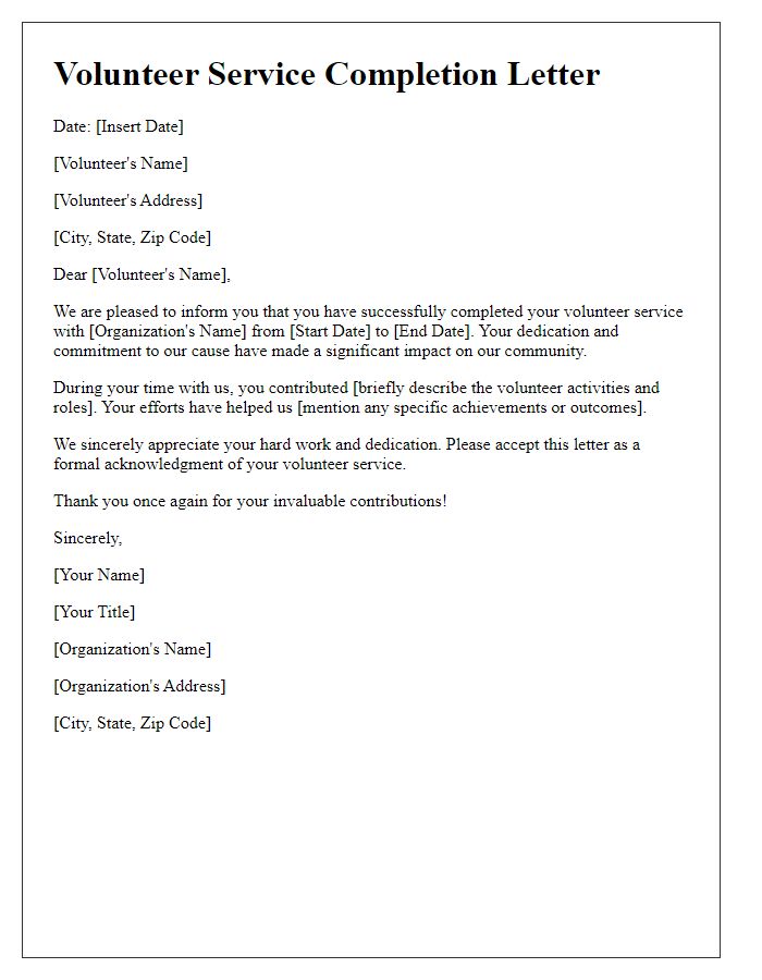 Letter template of volunteer service completion