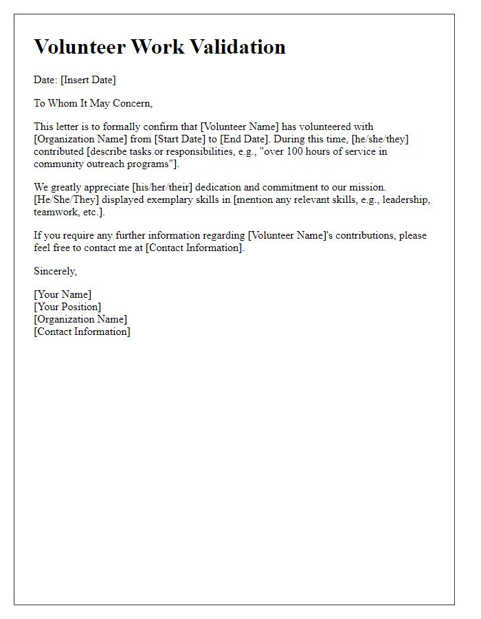 Letter template of volunteer work validation
