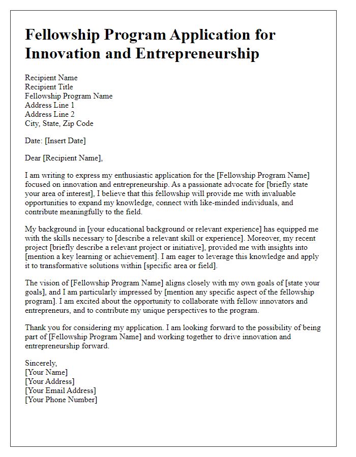 Letter template of fellowship program application for innovation and entrepreneurship