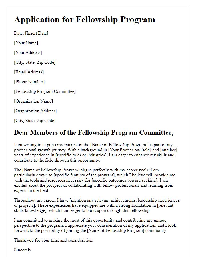 Letter template of fellowship program application for professional growth