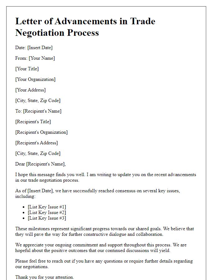 Letter template of advancements in trade negotiation process