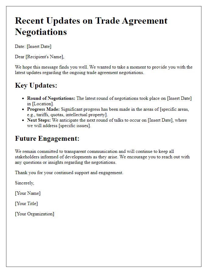 Letter template of recent updates on trade agreement negotiations