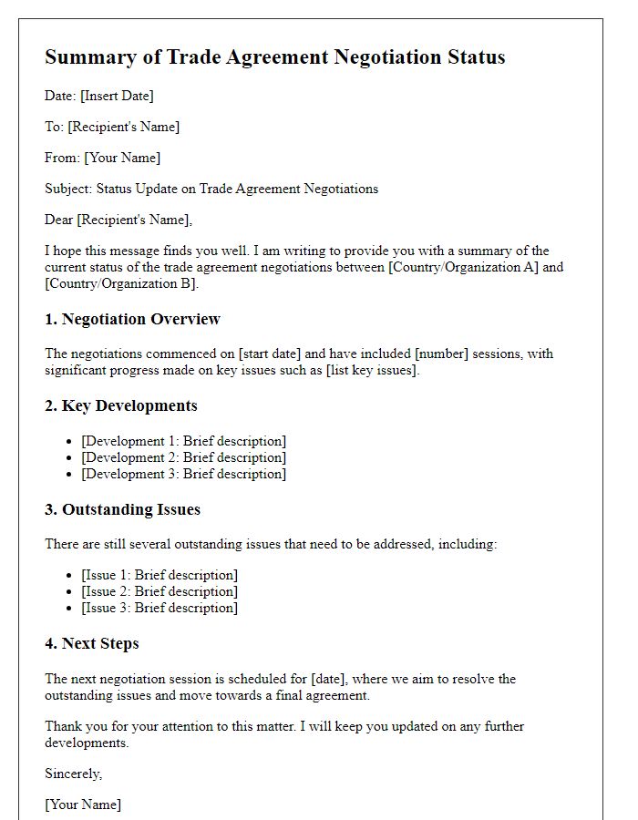 Letter template of summary of trade agreement negotiation status