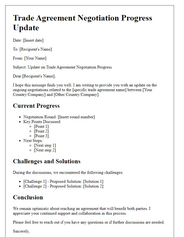 Letter template of trade agreement negotiation progress update