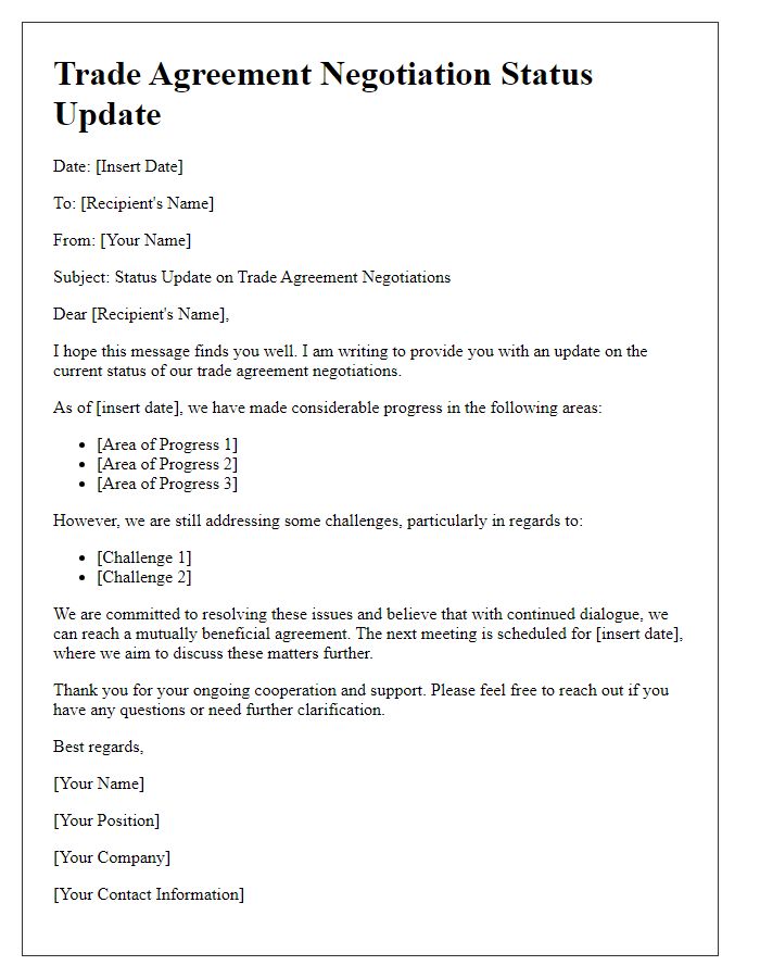 Letter template of trade agreement negotiation status update