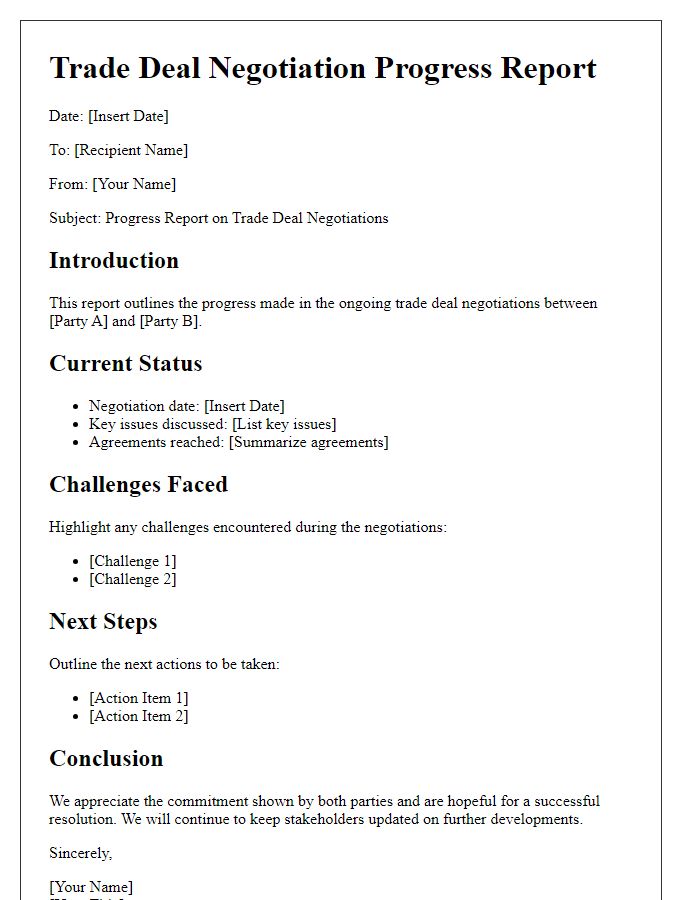 Letter template of trade deal negotiation progress report