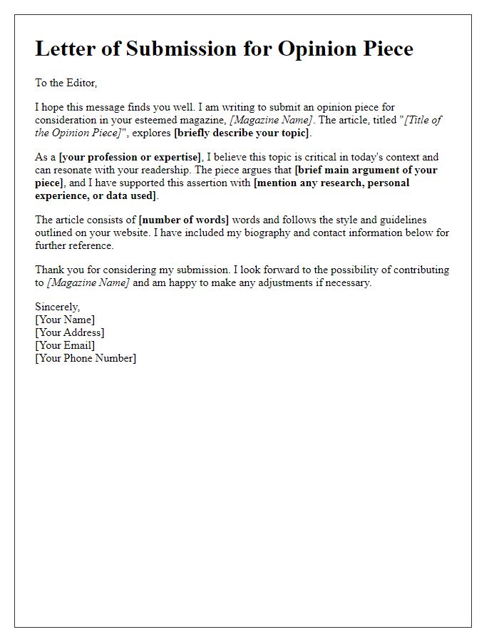 Letter template of opinion piece submission to a magazine