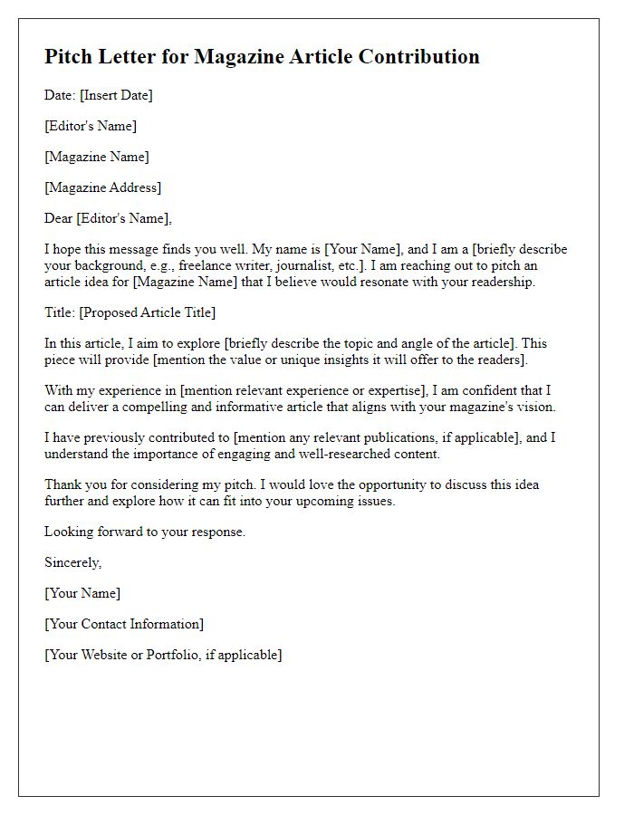 Letter template of pitch for magazine article contribution