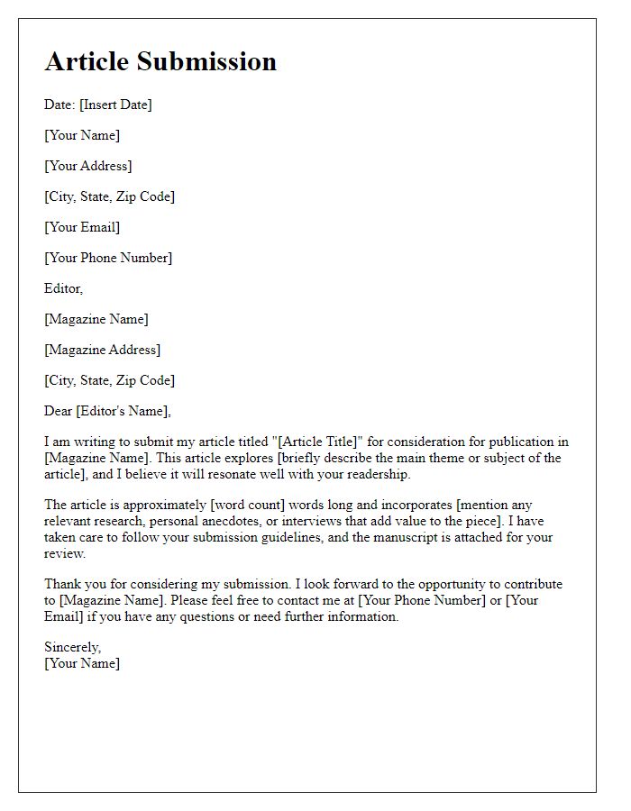 Letter template of submission for lifestyle magazine article