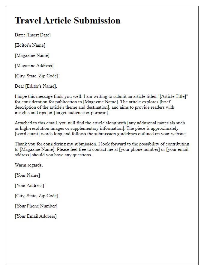 Letter template of travel article submission to magazine