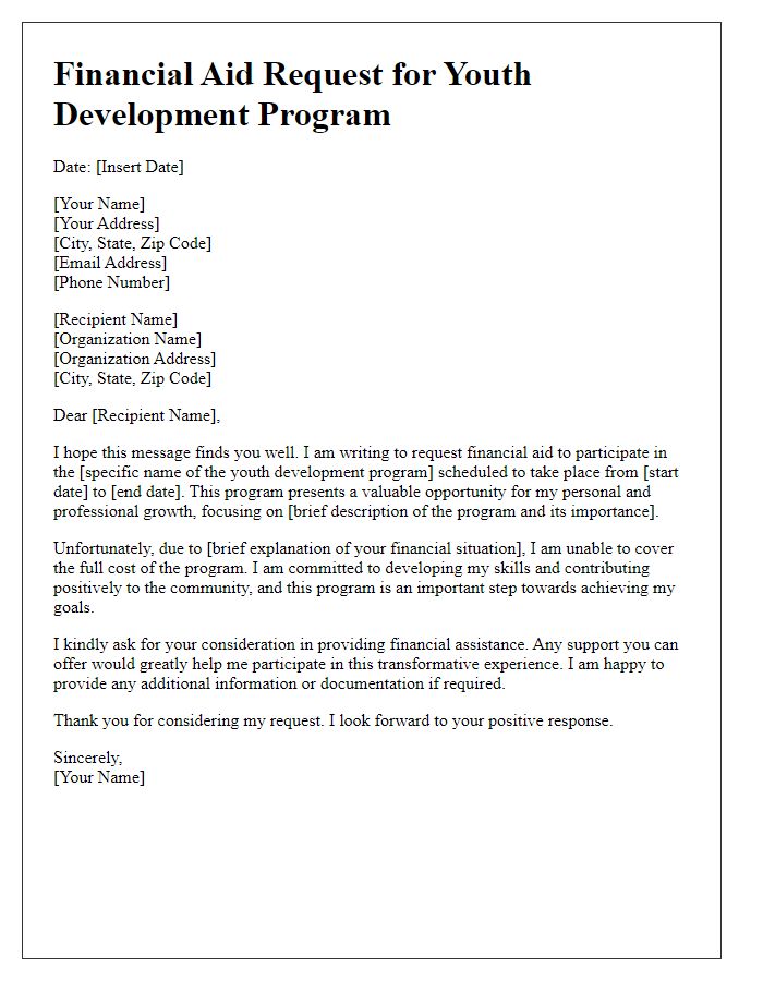 Letter template of financial aid request for youth development program.