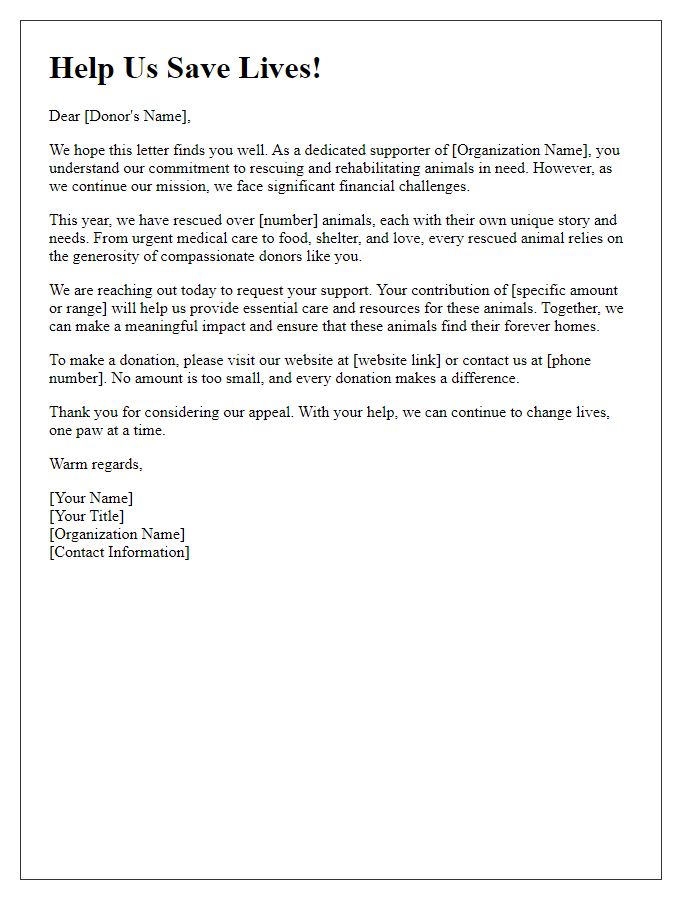 Letter template of funding appeal for animal rescue organization.